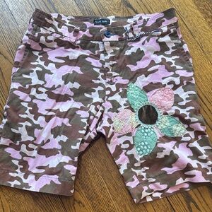 Vintage Pink and Brown Camo Shorts with Hand Sewn Floral Quilt Patch